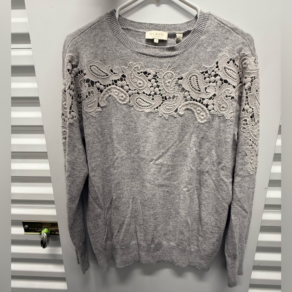 Ted Baker Merino Wool Gray Sweater with Lace Accents